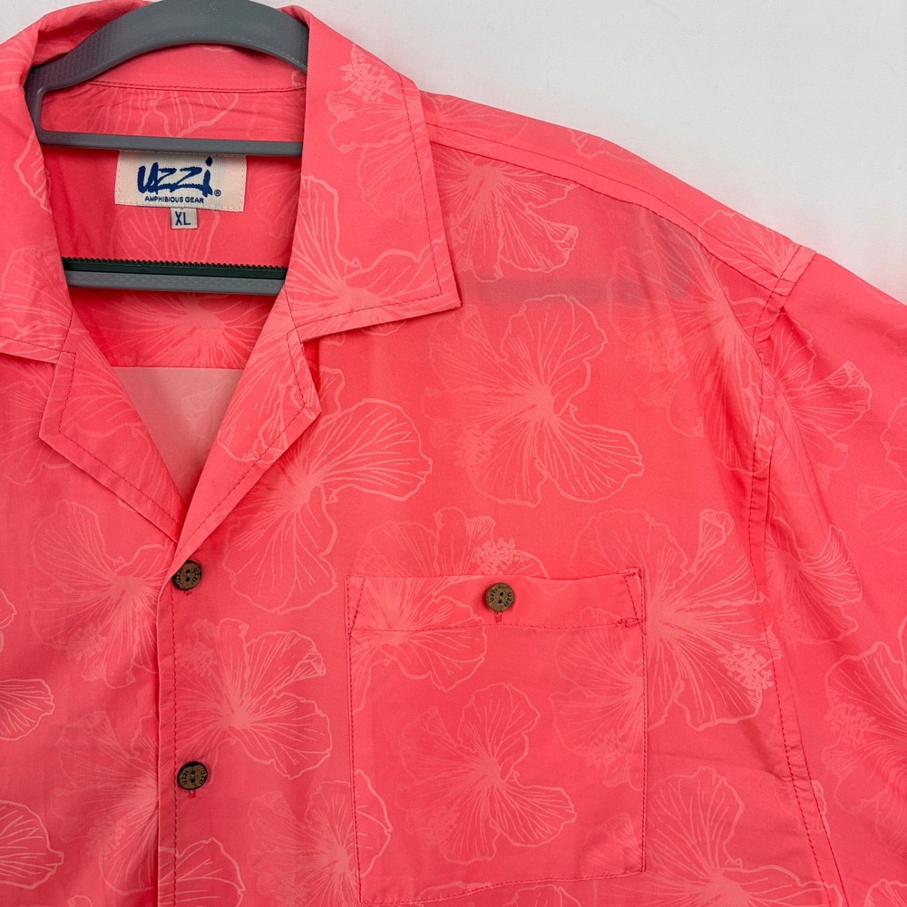 Uzzi Amphibious Gear Hibiscus Pattern‎ Button Down Shirt XL Coral Excellent
